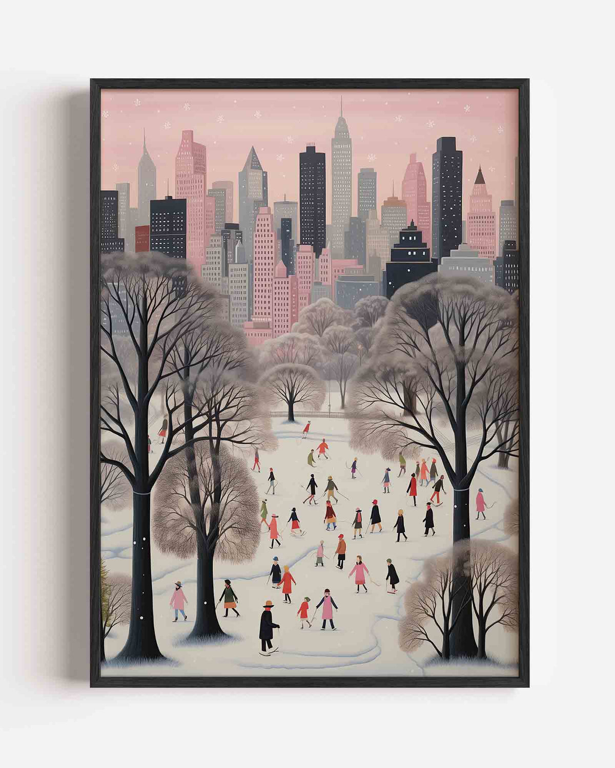 Schaatsers in stadspark – kerst portret poster als wanddecoratie