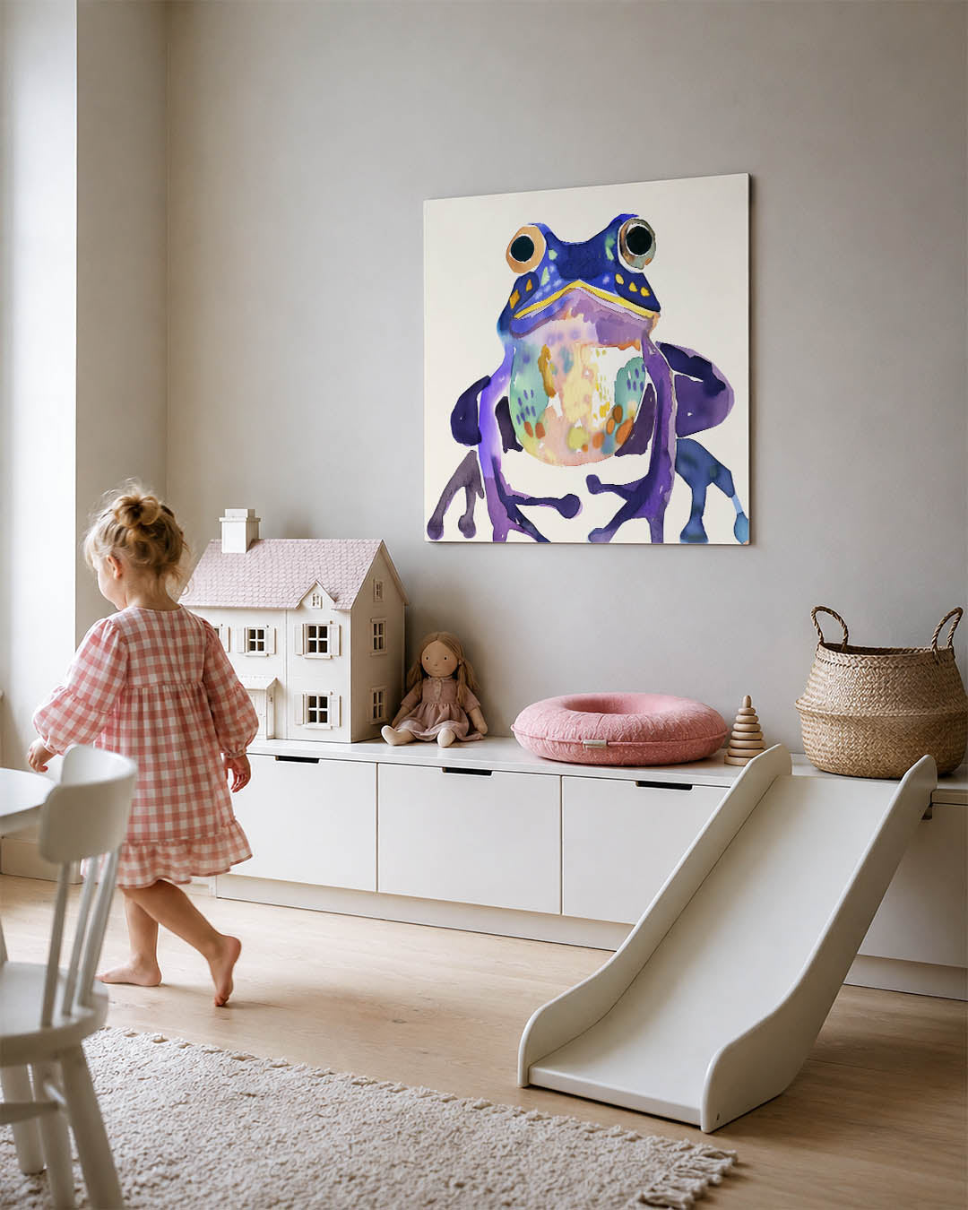Kleurrijke kikker kunstwerk – tweede productweergave – dit werk toont een levendige kikker met een speelse mix van kleuren en