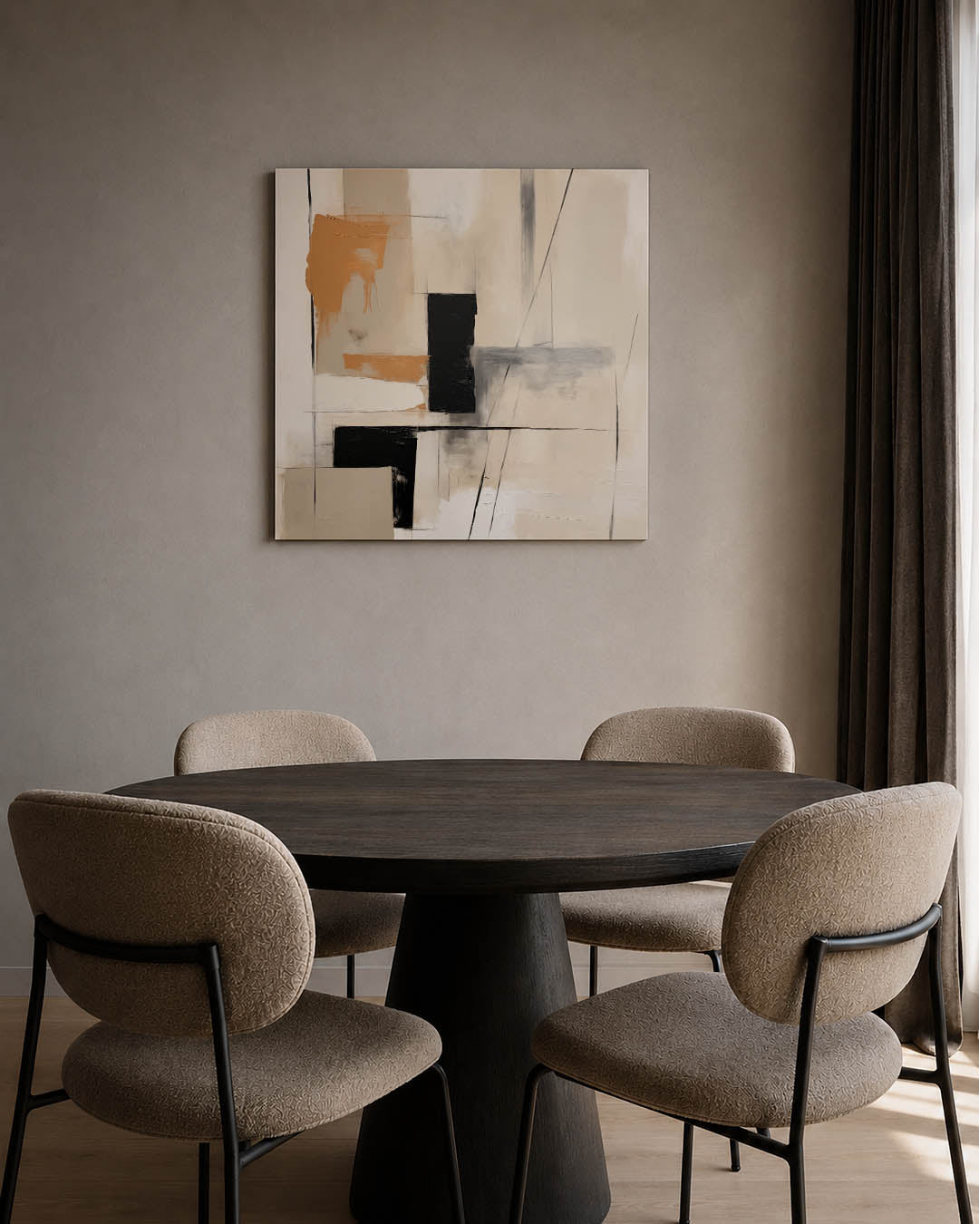 Geometrische vormen kunstwerk – tweede productweergave – dit werk toont een compositie van rechthoeken en lijnen in beige