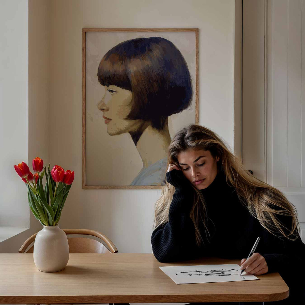Vrouwelijke Elegantie in Profiel – Popart poster als moderne urban wanddecoratie