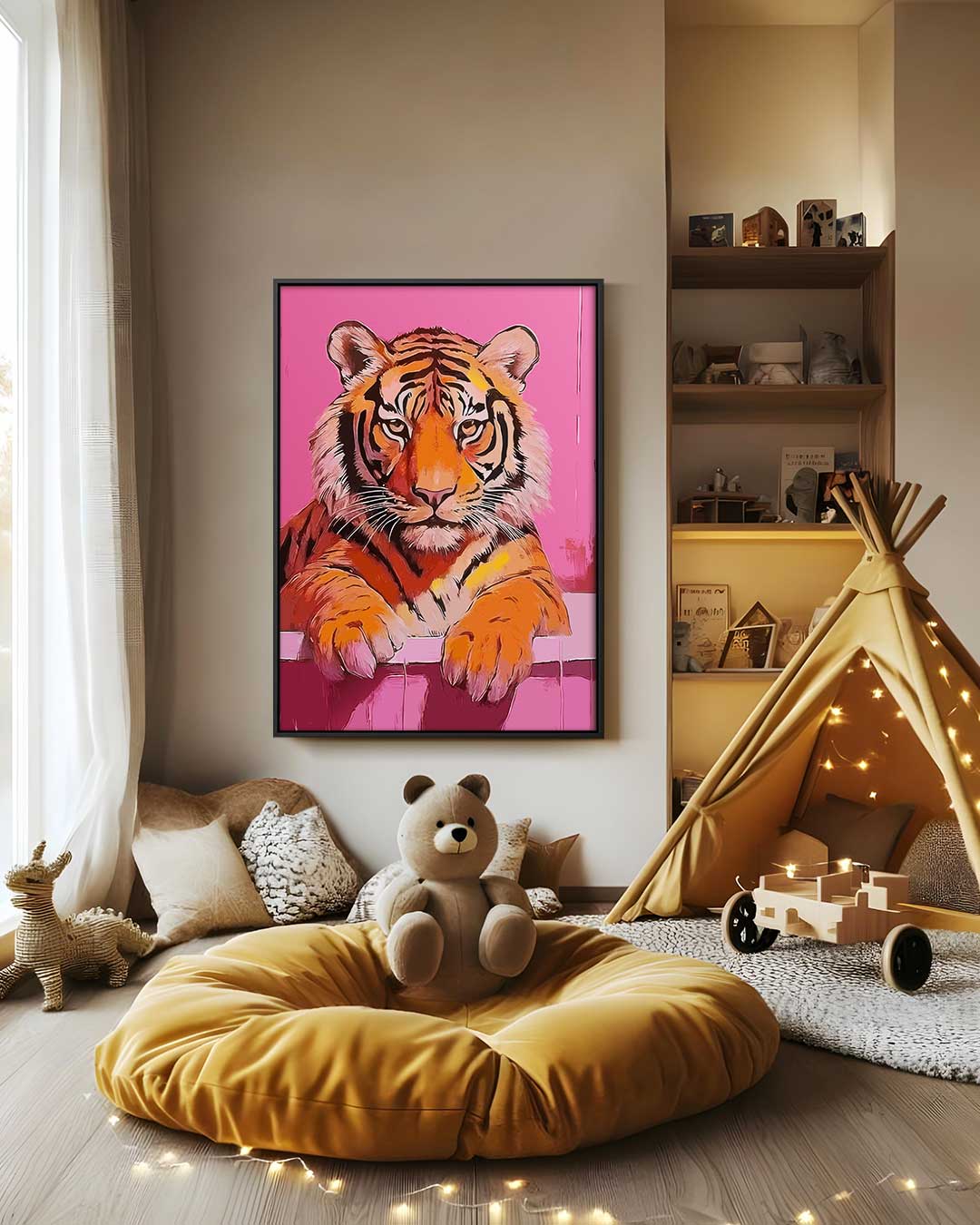 Badende Tijger op Roze Achtergrond – canvas wanddecoratie in portret formaat