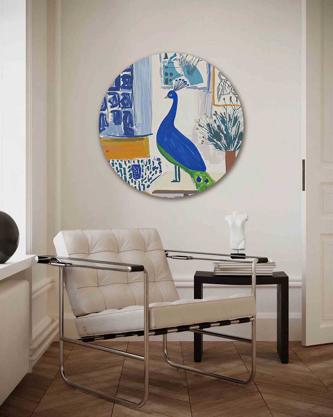 Pauw en abstracte vormen – kleurrijke illustratie muurcirkel als wanddecoratie