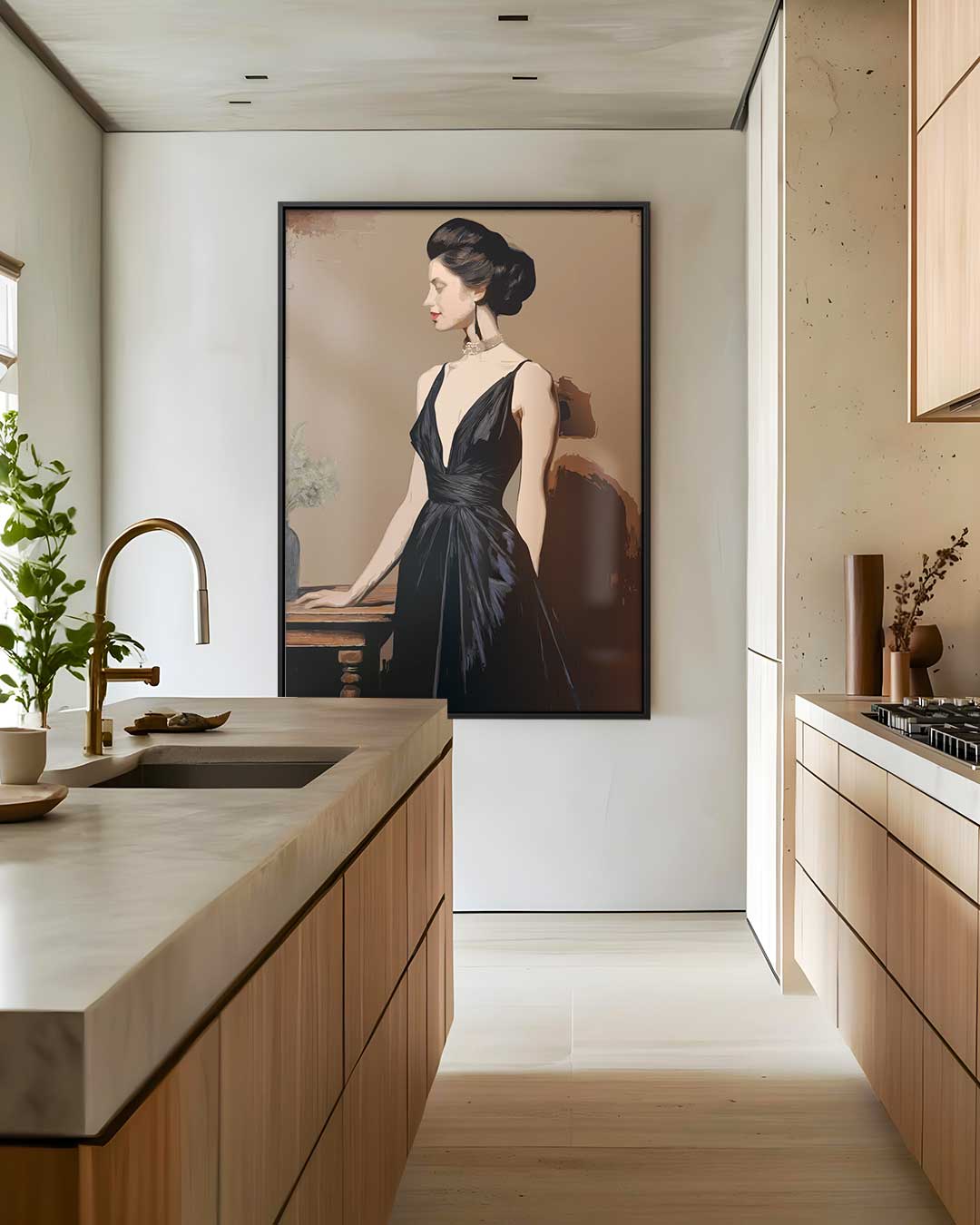 Elegante Dame in Zwart – kunstwerk met zwarte baklijst