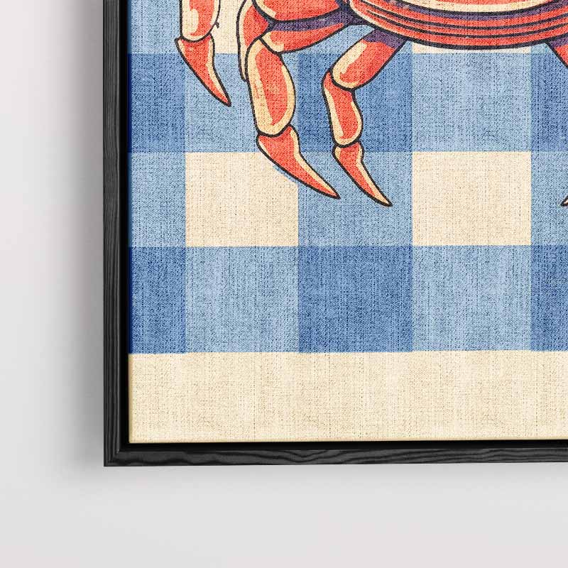 Vrolijke Krab op Blauw-Wit Patroon – modern portret kunstwerk van WallArtistic