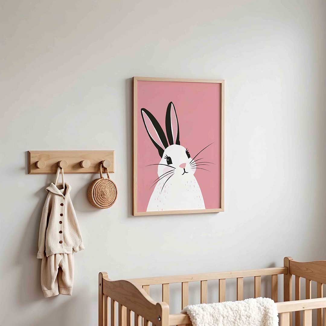 Konijn met roze achtergrond – kinderposter in staand formaat