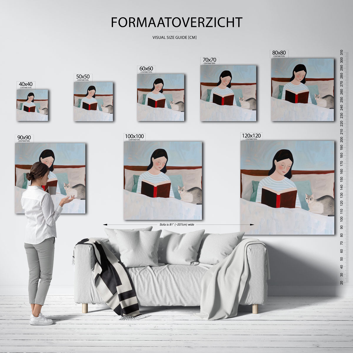 Lezende vrouw met kat – vierkante muurposter met kunst en design