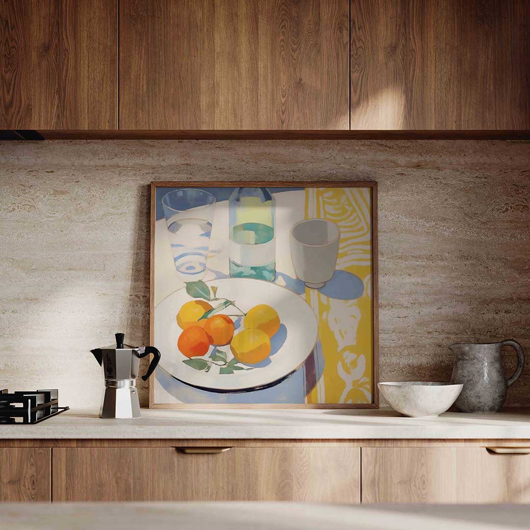 Citrus en glazen – culinaire wandkunst als vierkante poster