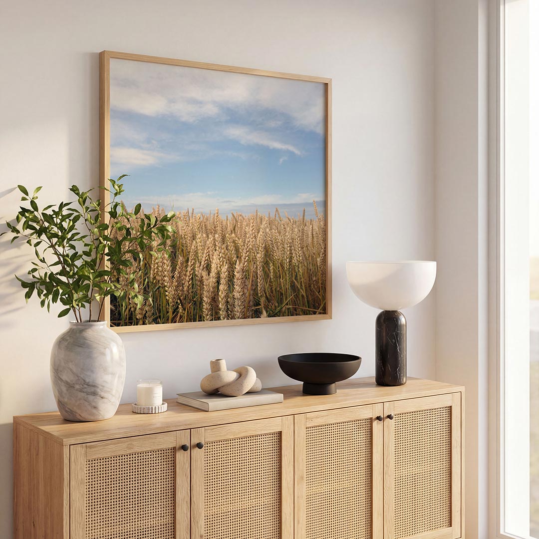 Gouden tarweveld poster – tweede productweergave – deze poster toont een uitgestrekt tarweveld onder een heldere blauwe