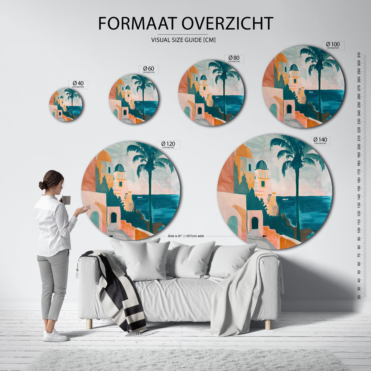 Mediterraans uitzicht – ronde muurdecoratie met kleur en vorm