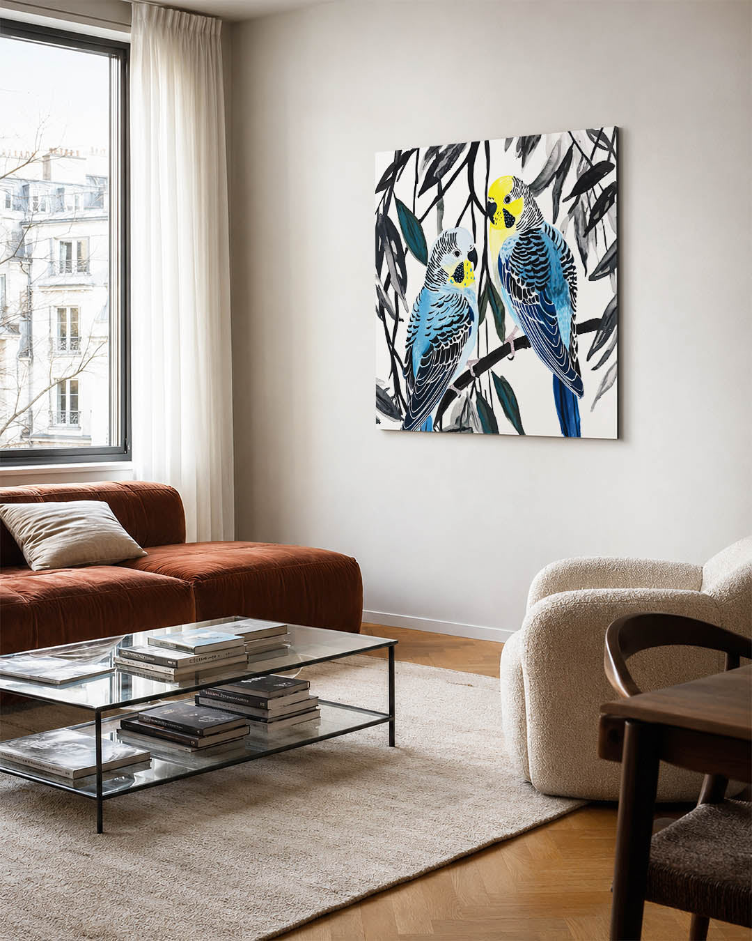 Vogels op tak kunstwerk – vierkante wanddecoratie – twee kleurrijke vogels zitten op een tak, omringd door bladeren. De