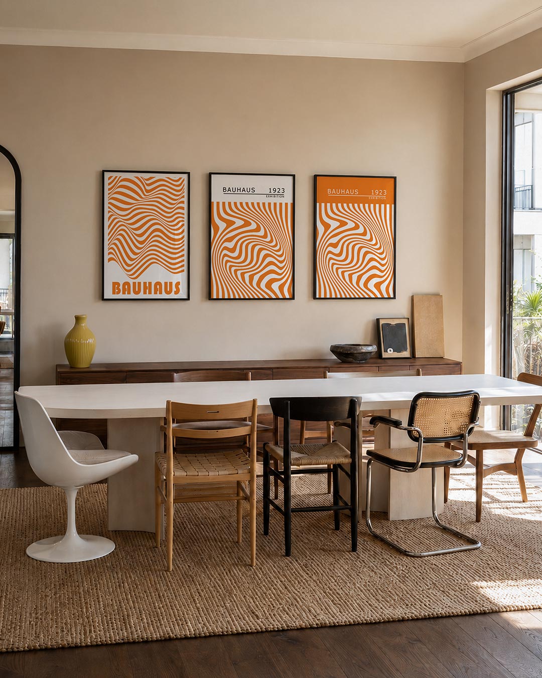 Golvend lijnenspel posterset – tweede productweergave – deze posterset in drie delen toont een dynamisch lijnenspel in oranje