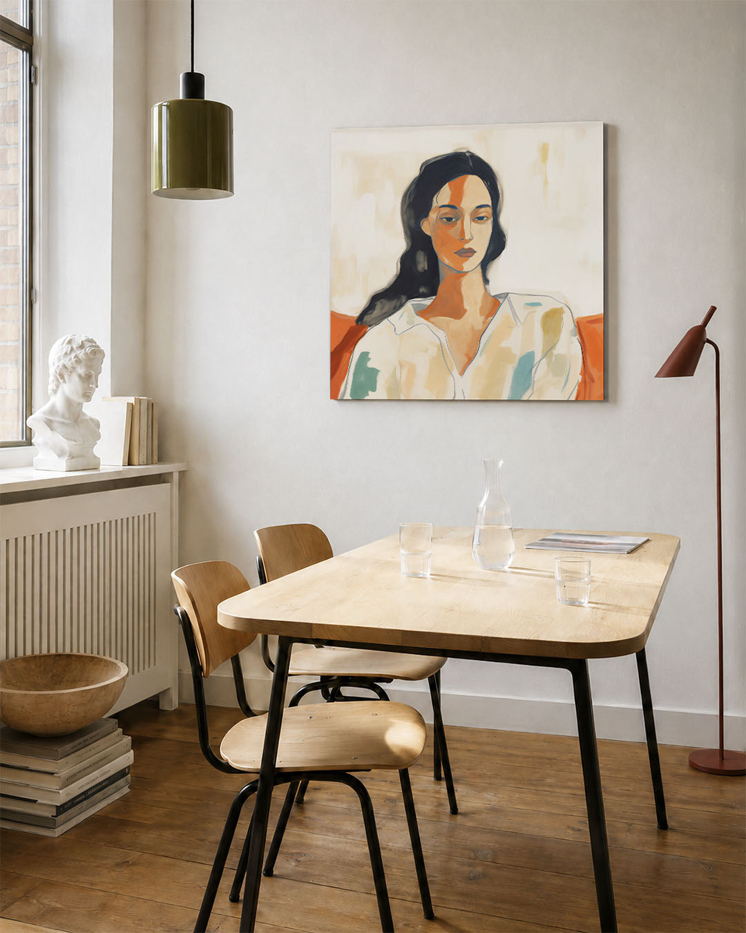 Vrouwelijk portret kunstwerk – vierkante wanddecoratie – dit werk toont een vrouwelijk portret met vloeiende lijnen en zachte