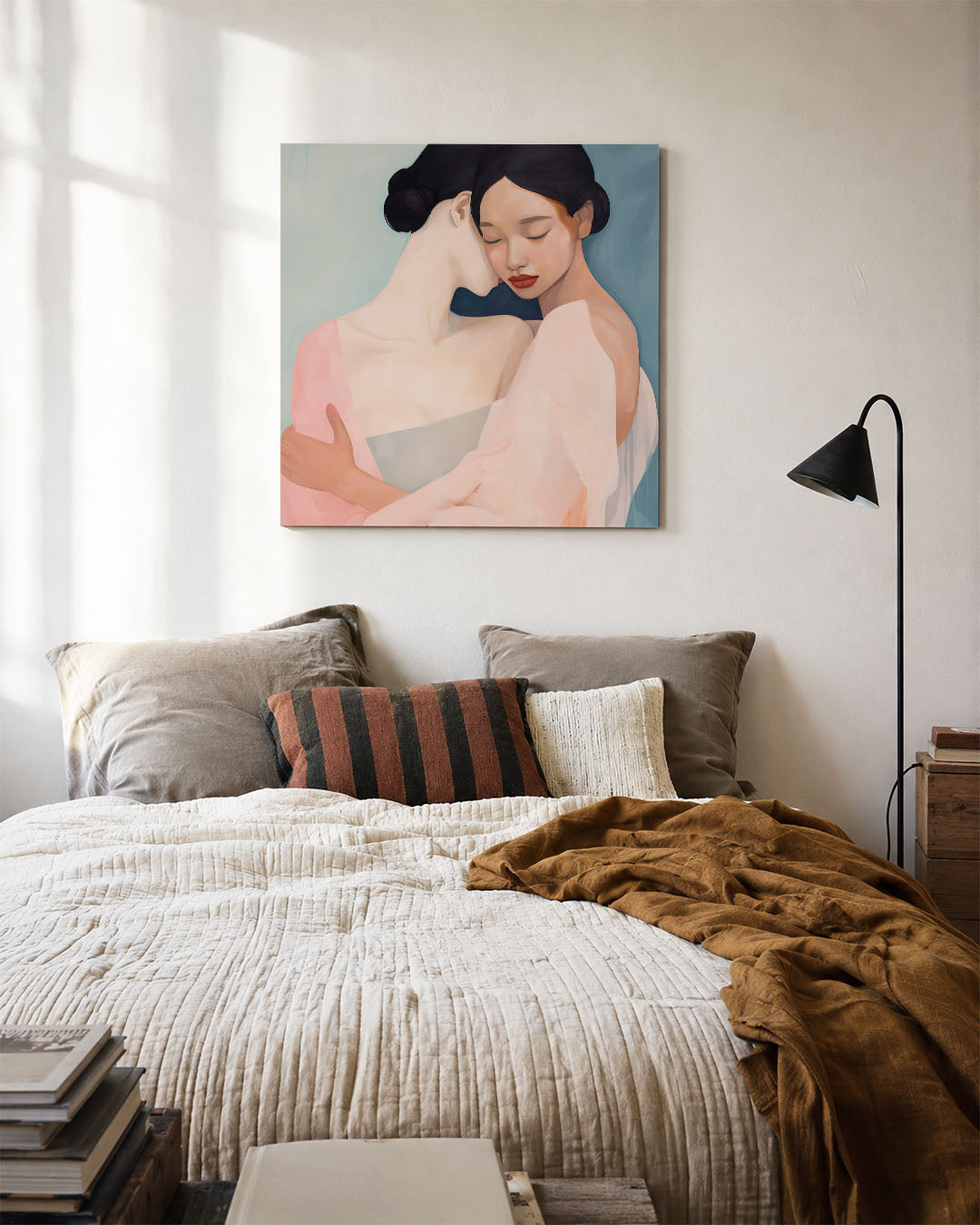 Intieme omhelzing kunstwerk – detailweergave – dit kunstwerk toont twee figuren in een zachte omhelzing. De vloeiende lijnen