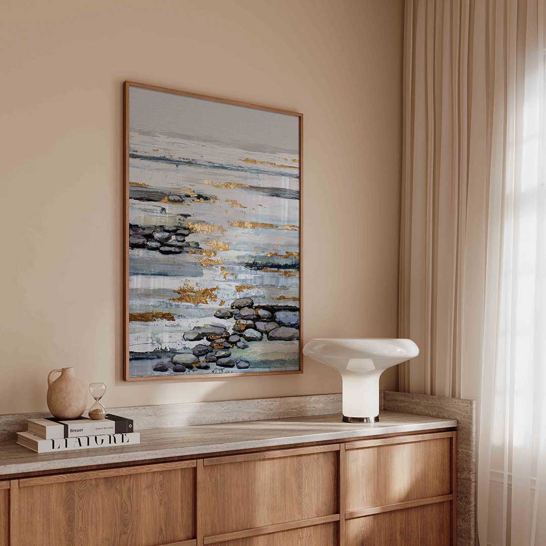 Gouden accenten op stenen – abstracte poster in staand formaat