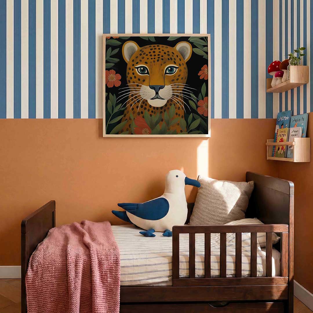 Luipaard met bloemen – kids poster in vierkant formaat
