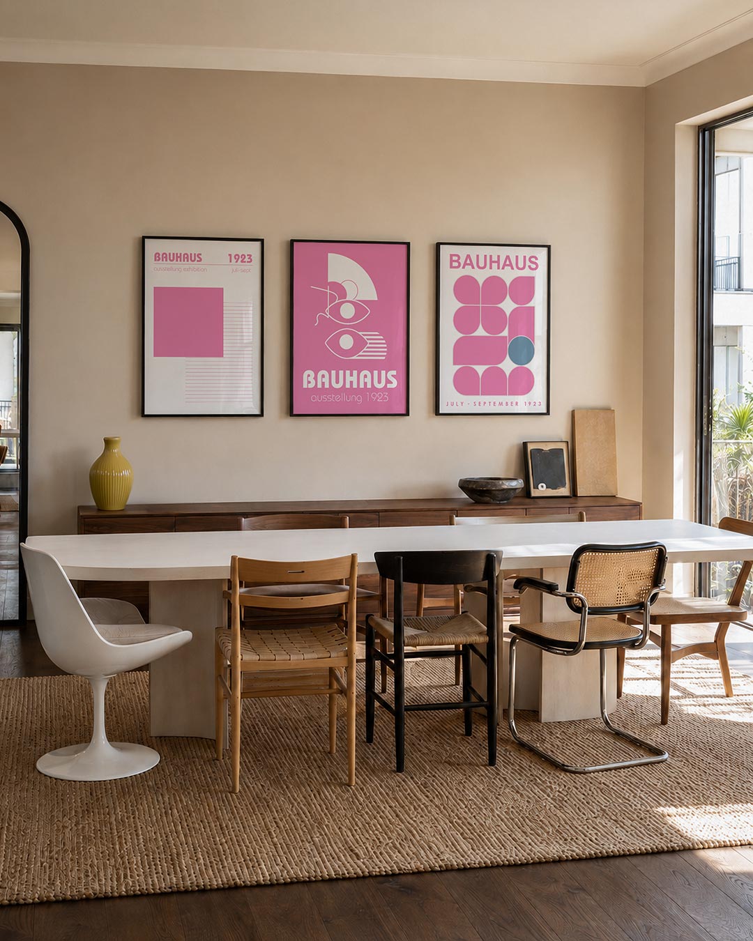 Roze lijnenspel driedelige posterset – deze posterset in drie delen toont een groot roze vierkant met daaronder fijne