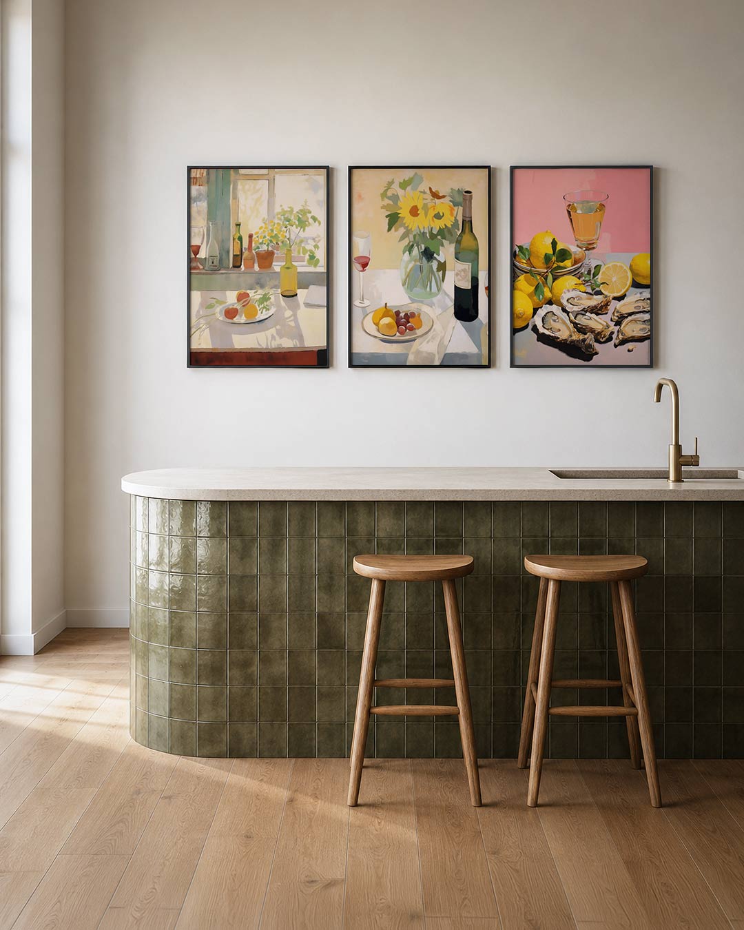 Licht en schaduw posterset – tweede productweergave – een zonnige vensterbank met flessen, planten en fruit