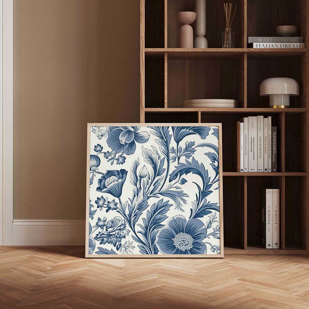 Blauwe bloemen – vierkante wanddecoratie met kleur en vorm van WallArtistic