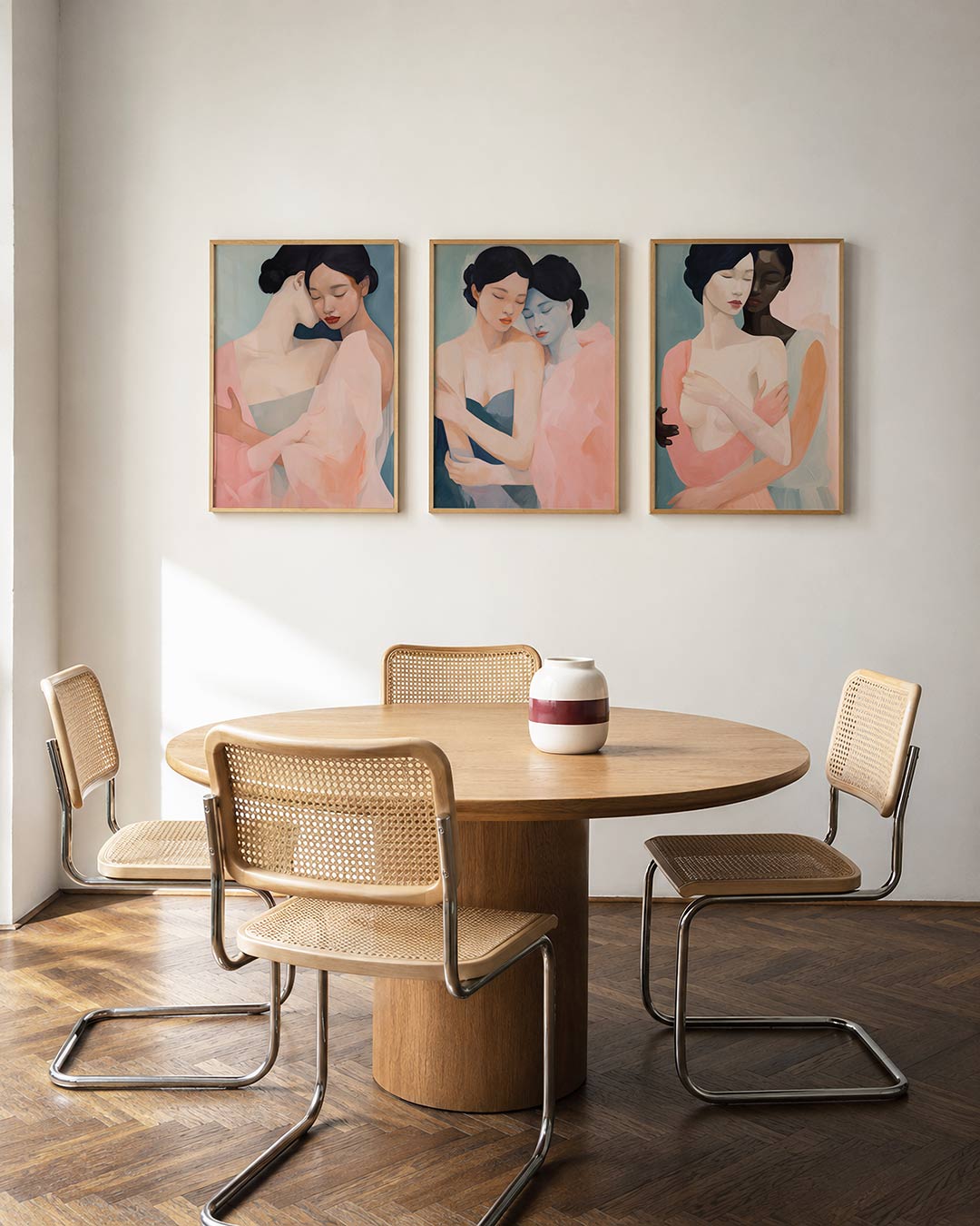 Zachte omhelzing driedelige posterset in interieur