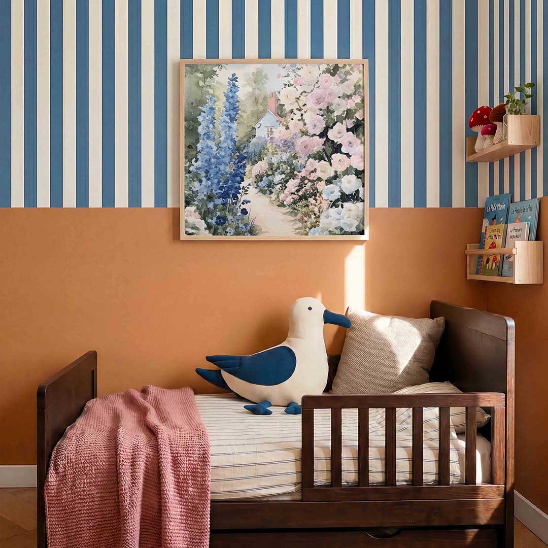 Bloementuin en huisje – kids poster in vierkant formaat