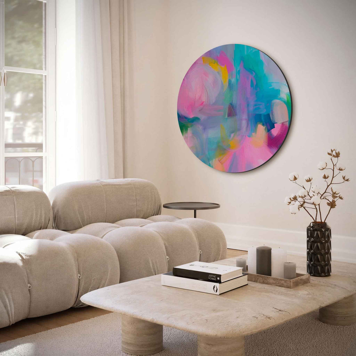 Abstracte kleurenexplosie – muurcirkel met abstracte texturen voor aan de muur