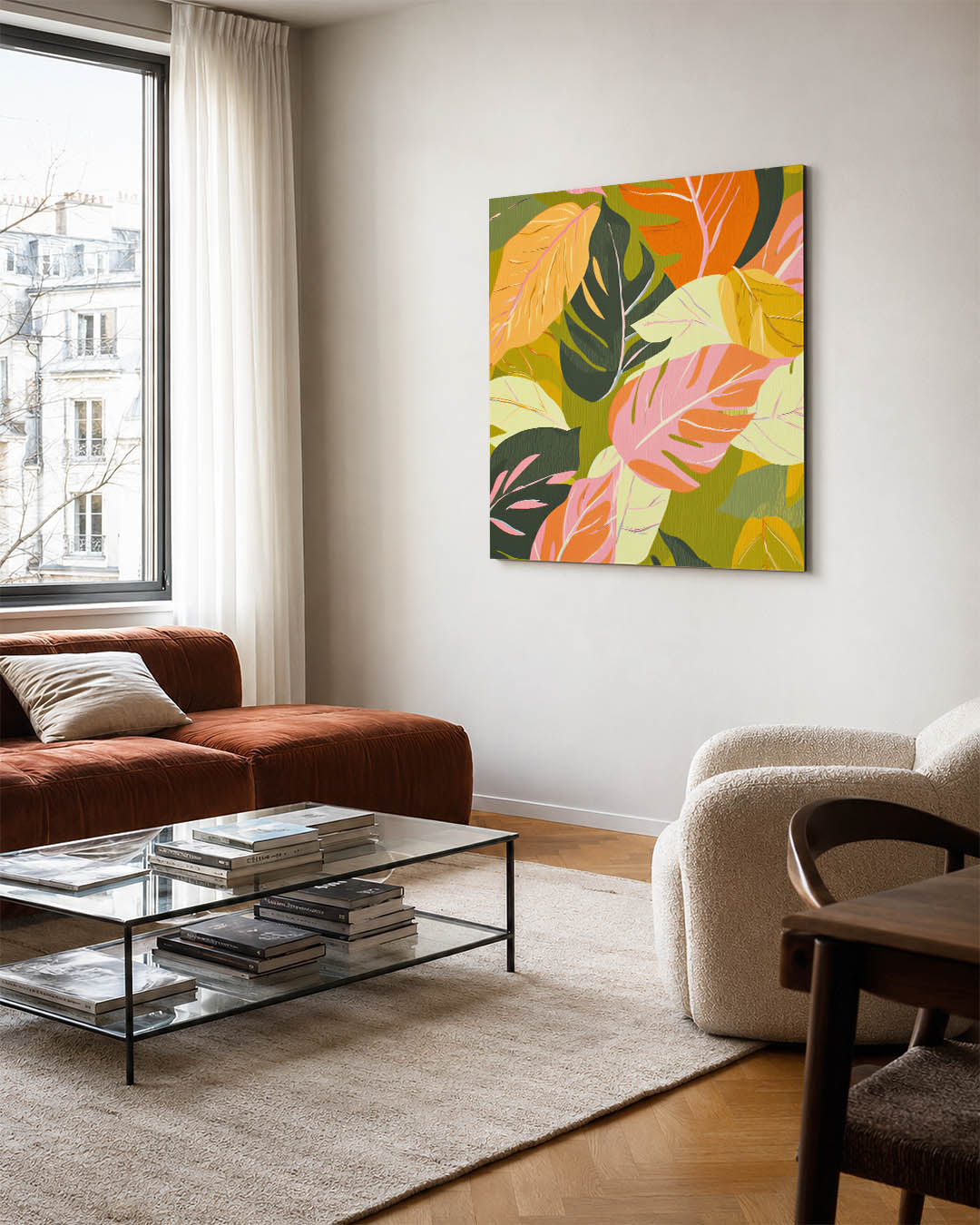 Vrolijke bladeren kunstwerk – vierkante wanddecoratie – dit werk toont een levendig patroon van overlappende bladeren in
