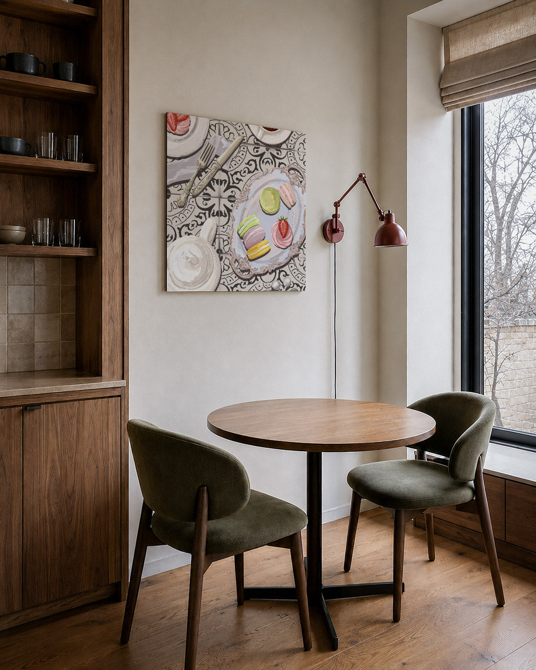 Delicaat desserttafereel kunstwerk – derde productweergave – dit toont een elegant gedekte tafel met kleurrijke macarons en
