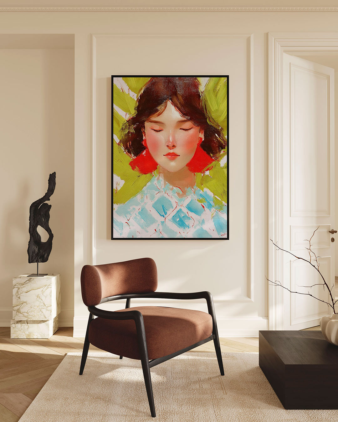 Dromerige portretstudie – staande wanddecoratie