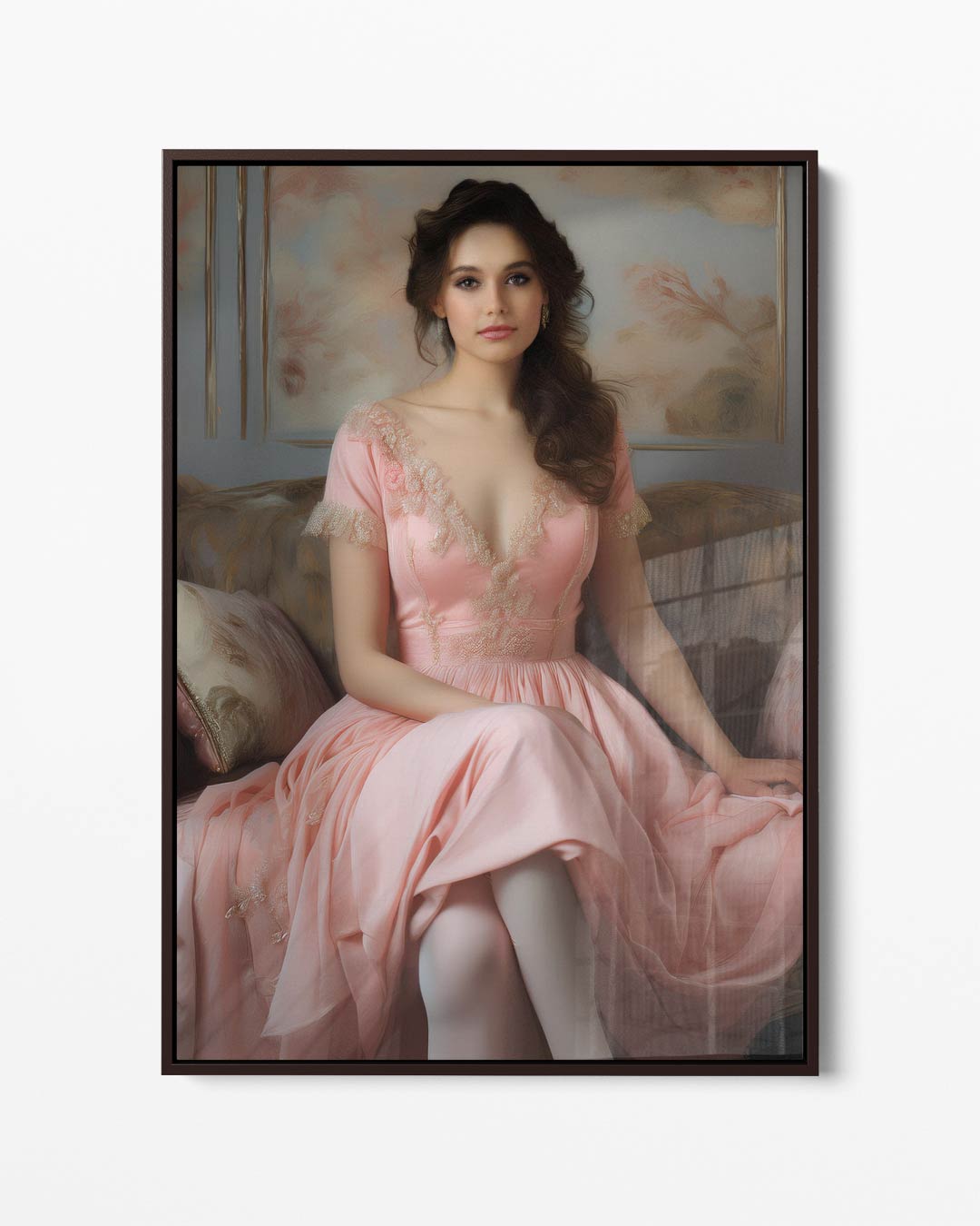 Dromerige Dame in Roze Jurk – portret kunstwerk als wanddecoratie