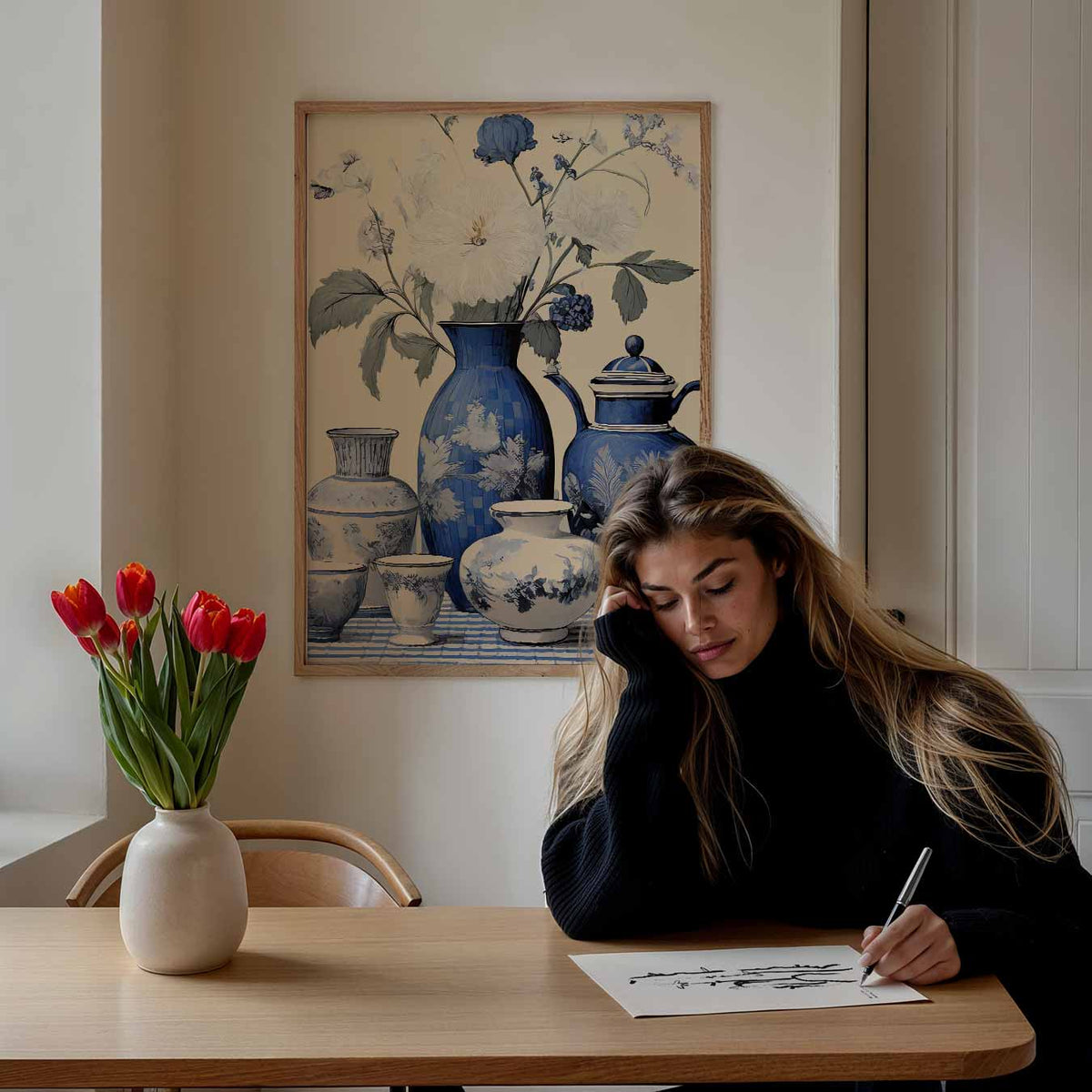 Tijdloze Bloemenpracht in Blauw – keuken portret poster, afbeelding 7
