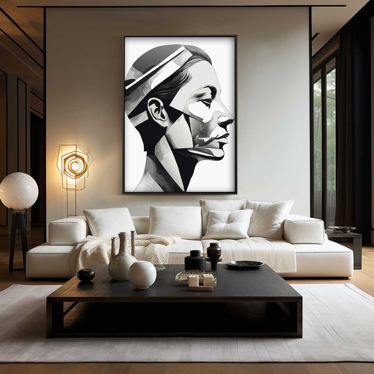 Geometrisch Portret in Grijstinten – staand kunstwerk voor modern interieur