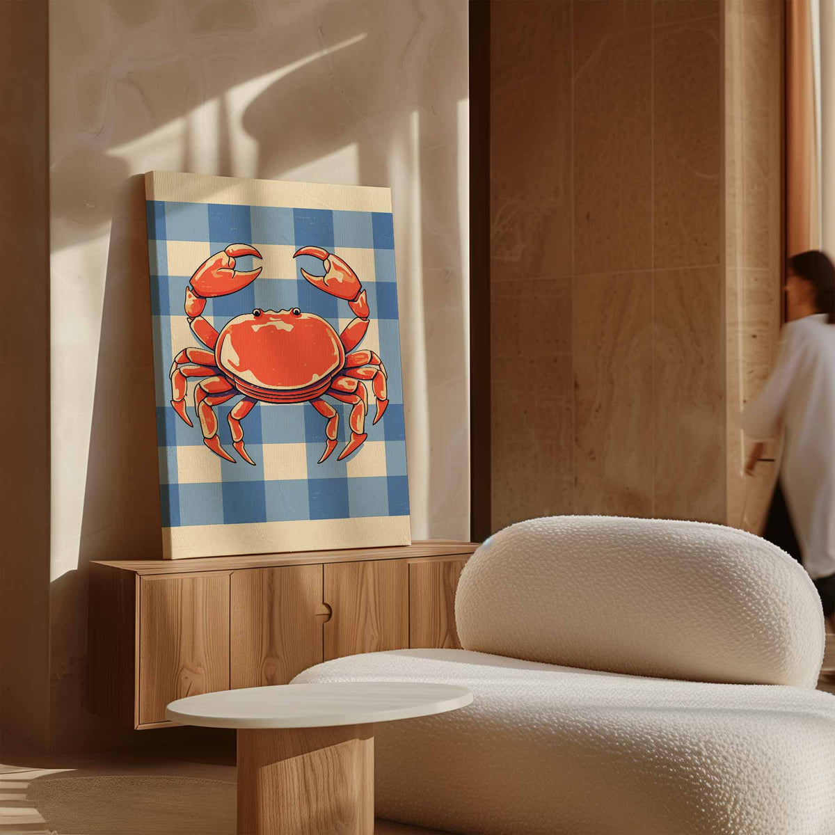 Vrolijke Krab op Blauw-Wit Patroon – dibond kunstwerk als wanddecoratie
