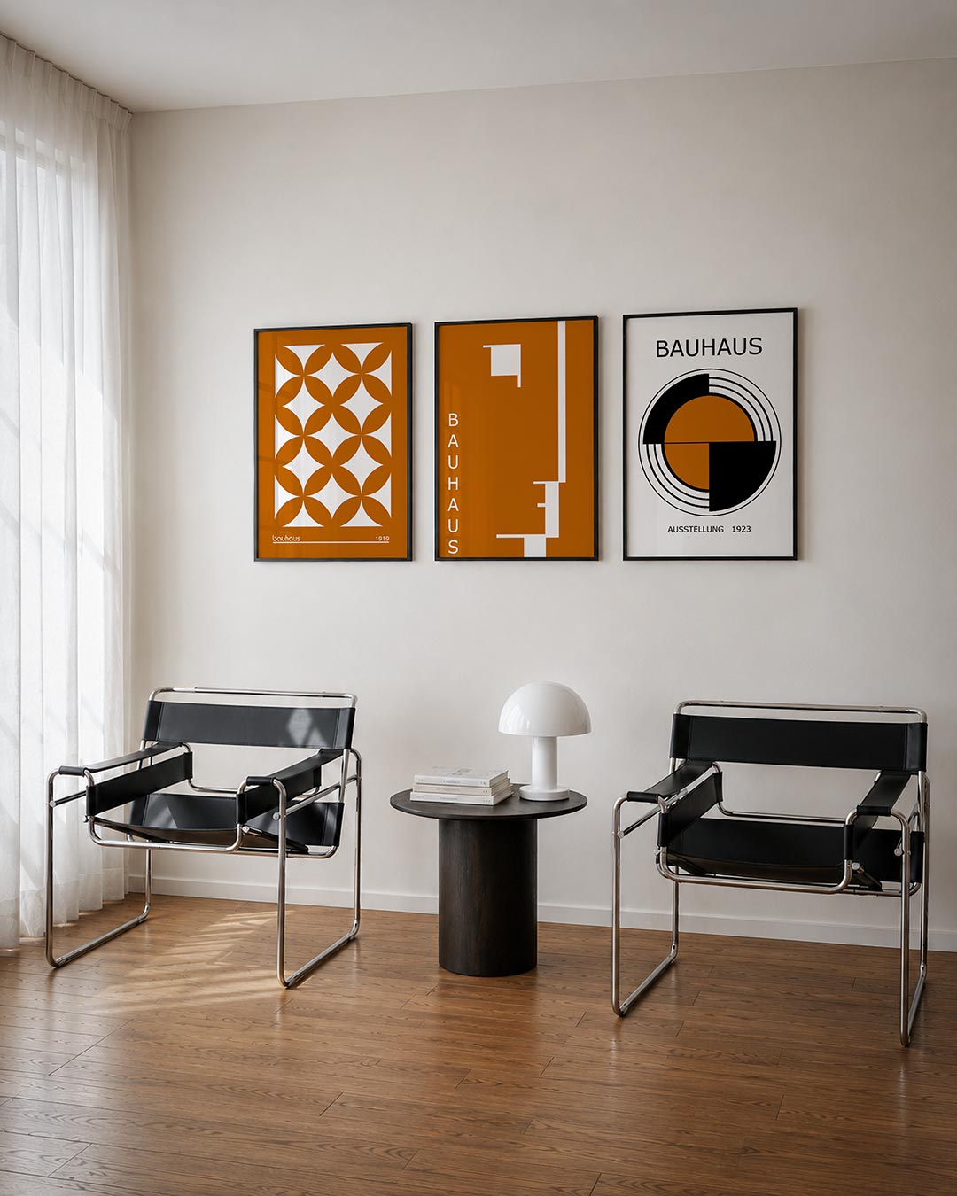 Vormritme en kleur driedelige posterset – deze posterset in drie delen toont een ritmisch patroon van overlappende oranje