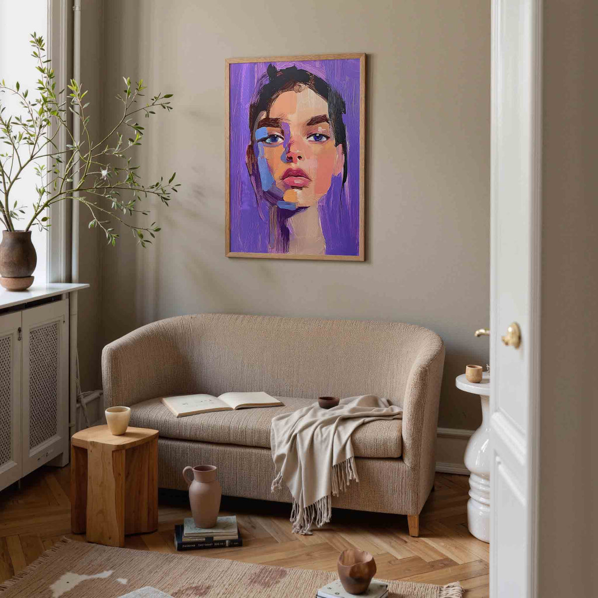 Portret met paarse achtergrond – illustratie poster in staand formaat
