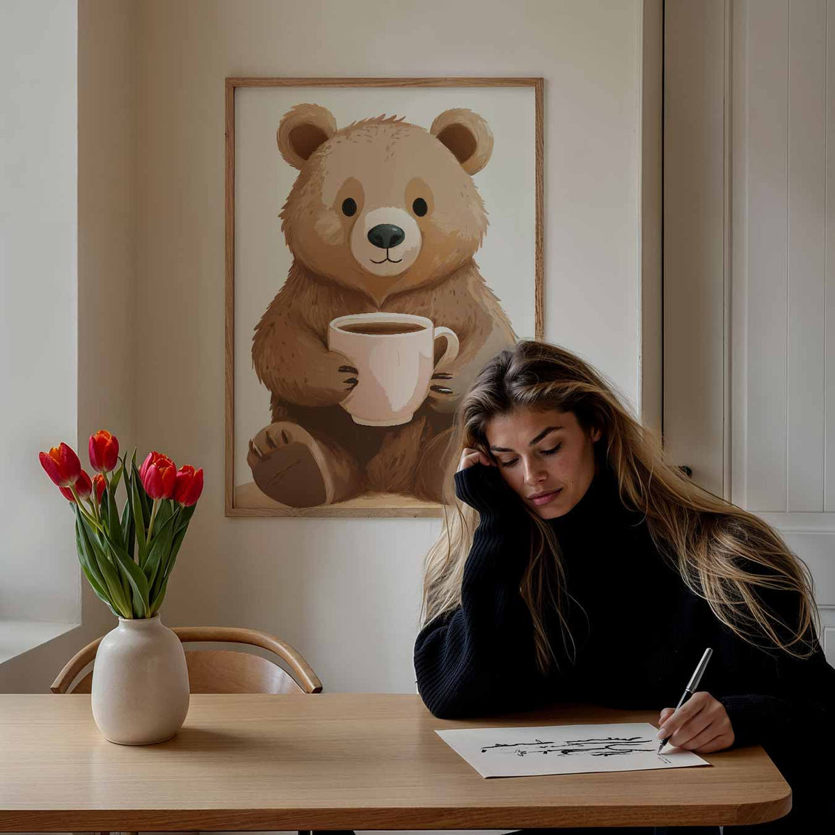 Knuffelige Bereposter Met Mok – staande muurposter voor de kinderkamer