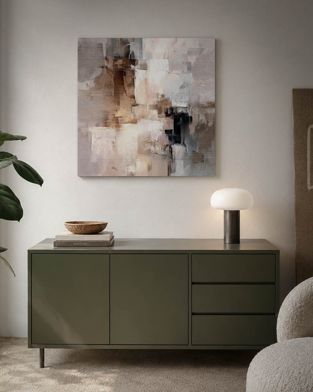 Gelaagde compositie kunstwerk – detailweergave – dit werk toont een dynamische mix van rechthoekige vormen in zachte tinten.