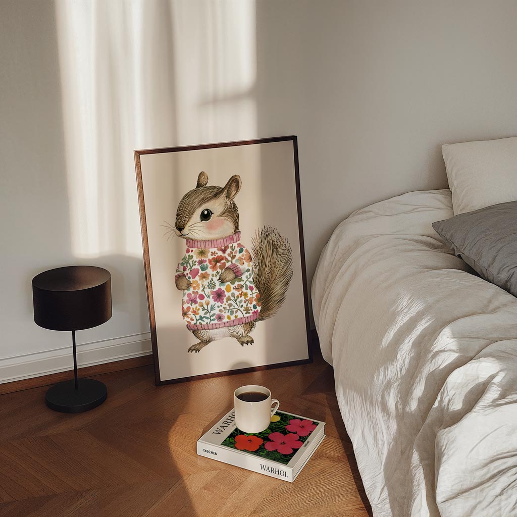 Schattige Chipmunk in Bloementrui – kinderposter in staand formaat