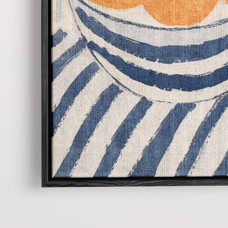 Zonnige Sinaasappels in Streepjesland – kunstwerk met zwarte baklijst