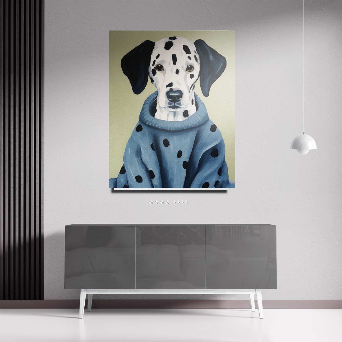 Stijlvolle Dalmatiër in Blauwe Trui – staande wandkunst voor woonkamer of interieur