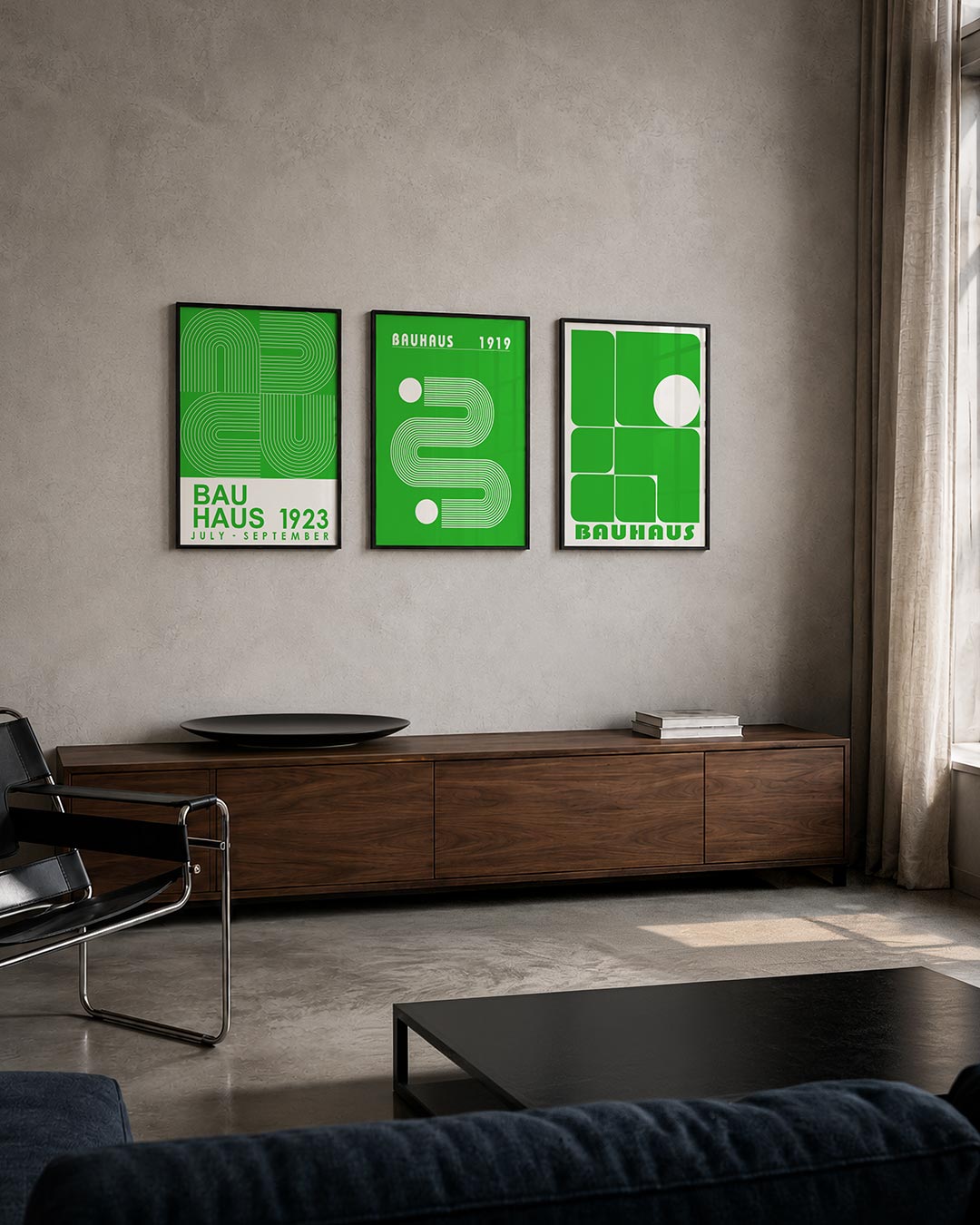 Lijnen en kleurvlakken driedelige posterset – deze posterset in drie delen toont een ritmisch lijnenspel in groen en wit. De