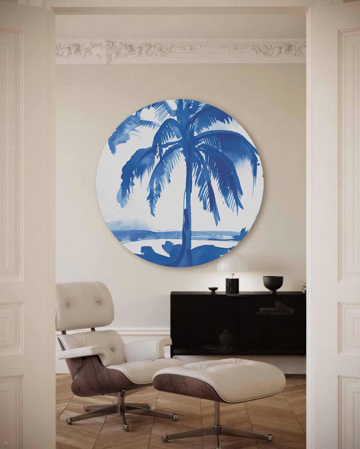 Blauwe palmboom – muurcirkel met kleur en vormen voor aan de muur