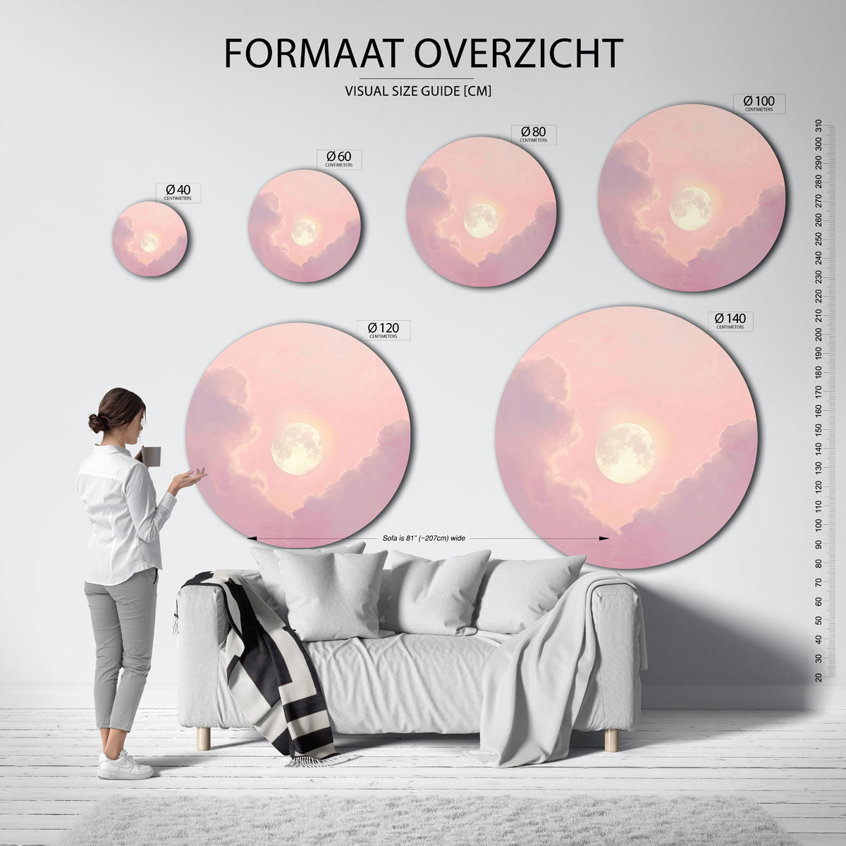 Maan en wolken – kleurrijke wandkunst als muurcirkel