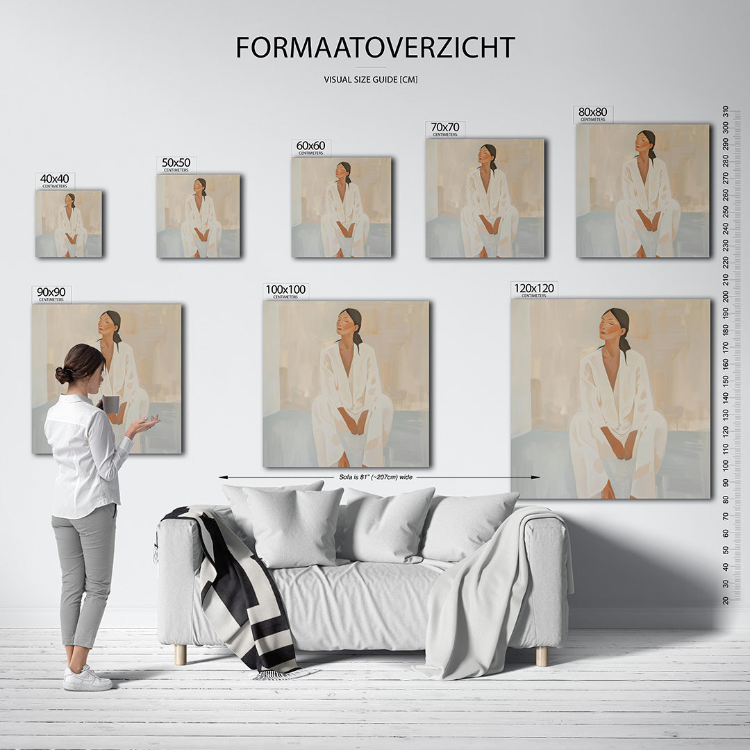 Zittende vrouw kunstwerk – materiaalweergave – dit kunstwerk toont een vrouw in een ontspannen pose. De zachte beige en witte