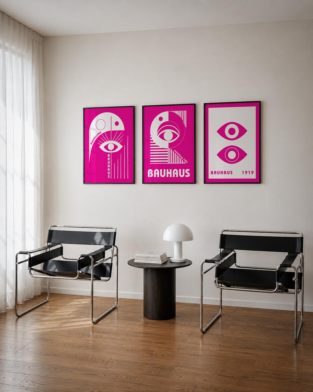 Oog en lijnen posterset – tweede productweergave – deze posterset in drie delen toont een speelse combinatie van een groot