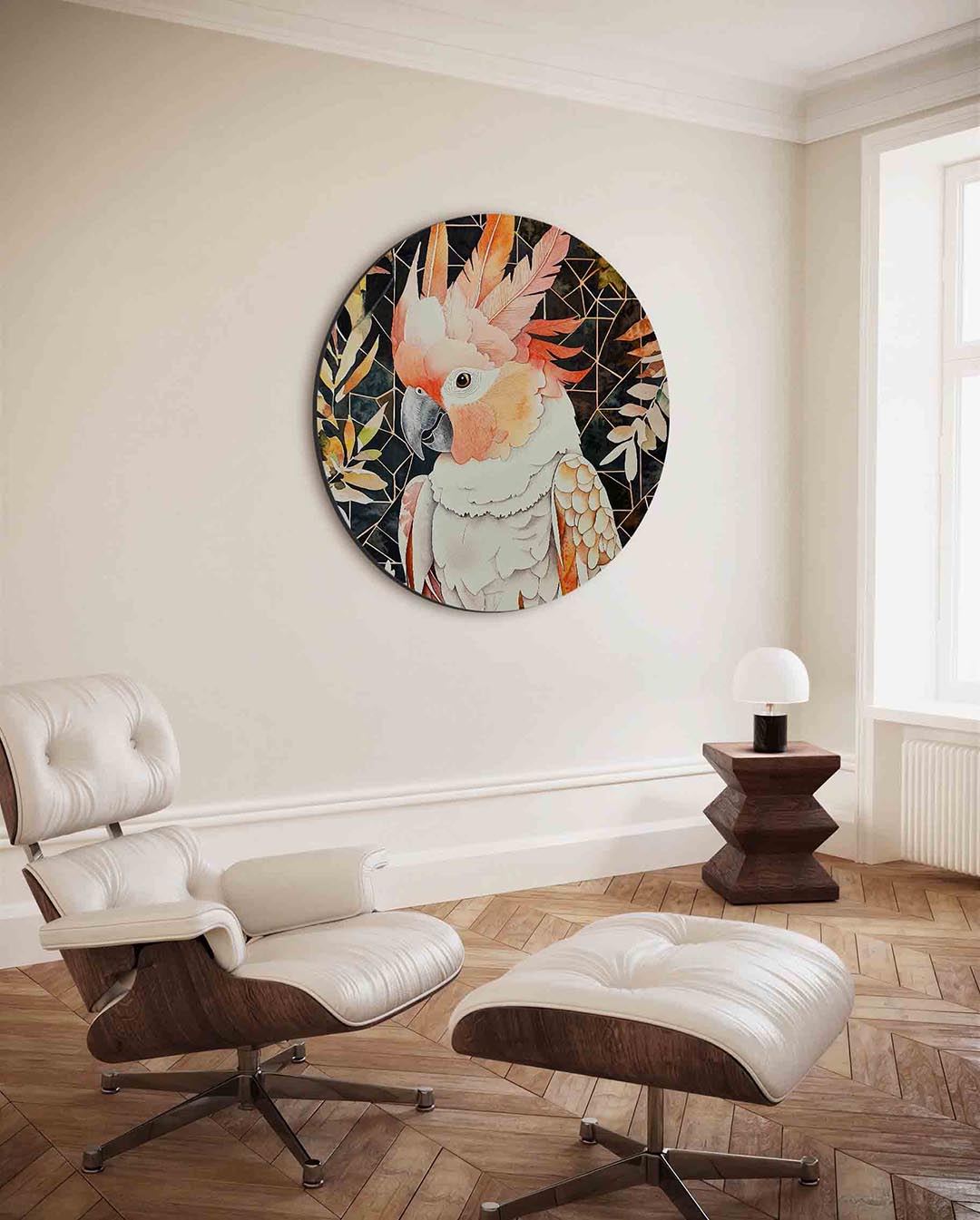 Papegaai en bladeren – kleurrijke ronde wanddecoratie van WallArtistic