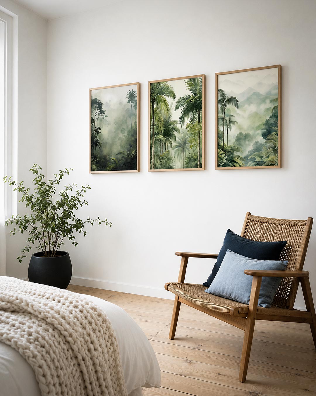 Groene jungle mist posterset – detailweergave – deze posterset in drie delen toont een weelderig
