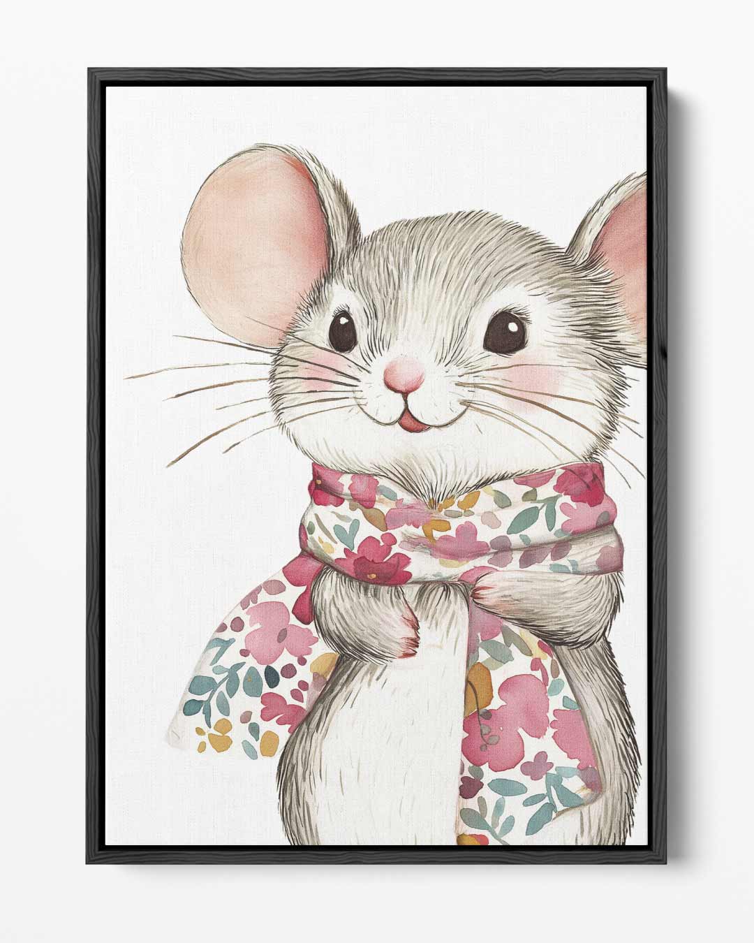 Schattige Muis met Bloemensjaal – portret kunstwerk als wanddecoratie