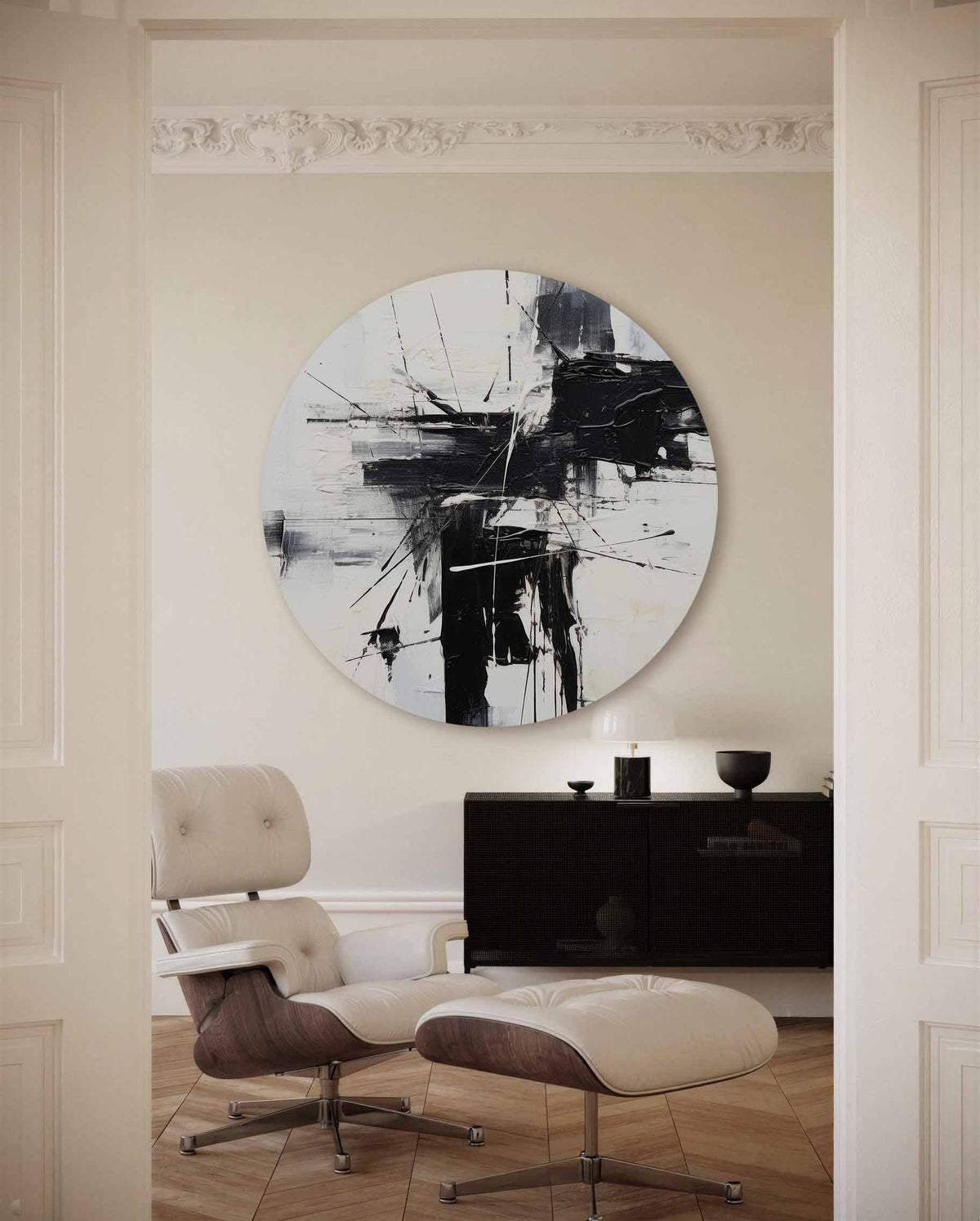 Abstracte zwart wit – illustratie muurcirkel als ronde muurdecoratie