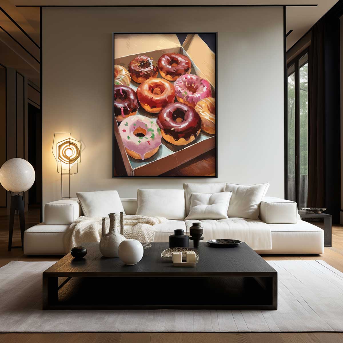 Kleurrijke Donutbox – kunstwerk met zwarte baklijst