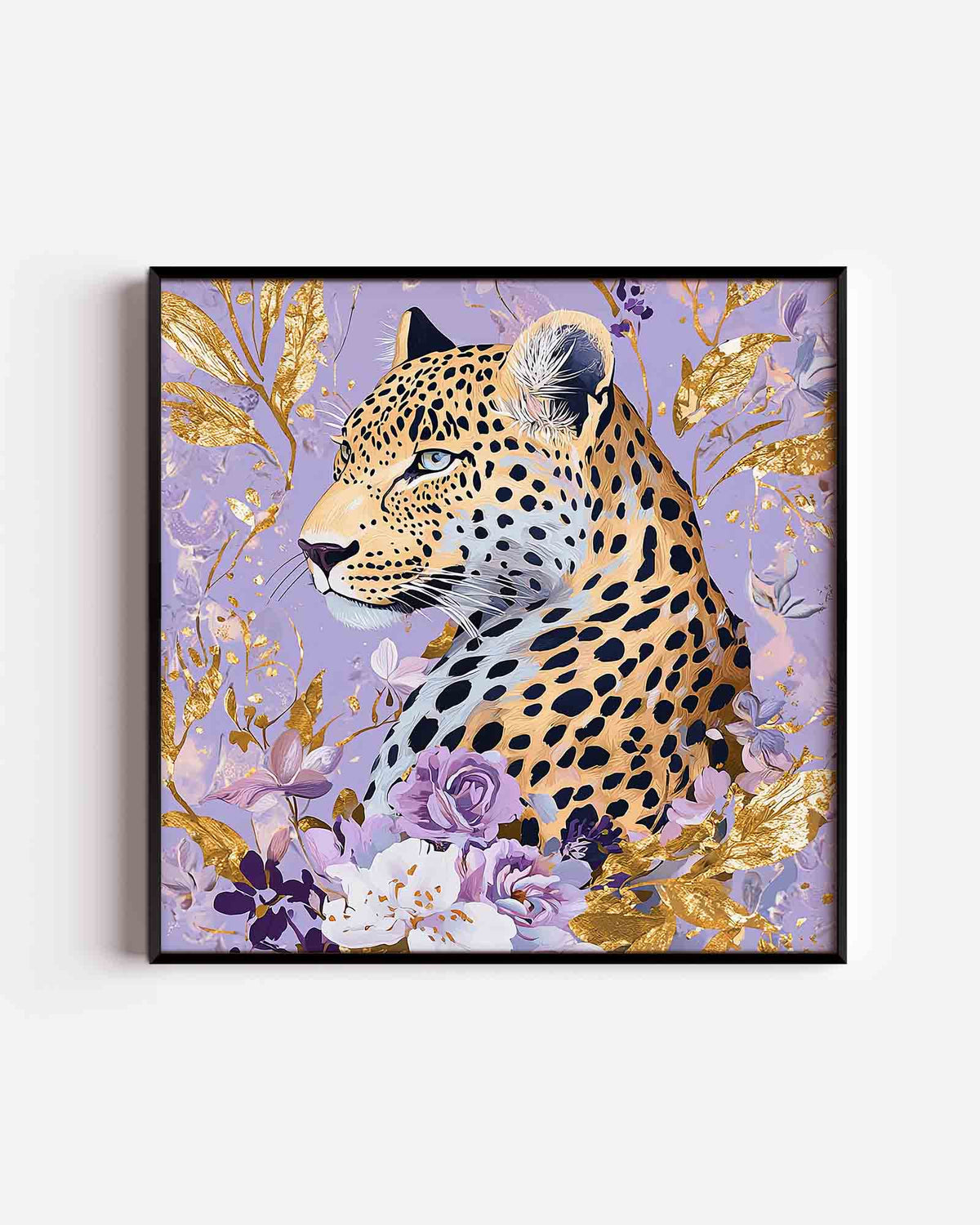 Luipaard met bloemen – vierkante dierenposter als wanddecoratie